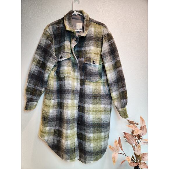 Joie XL Plaid Shacket Jacket‎ Green Gray Oversized Button-Up Shirt Coat 38" - Picture 1 of 5
